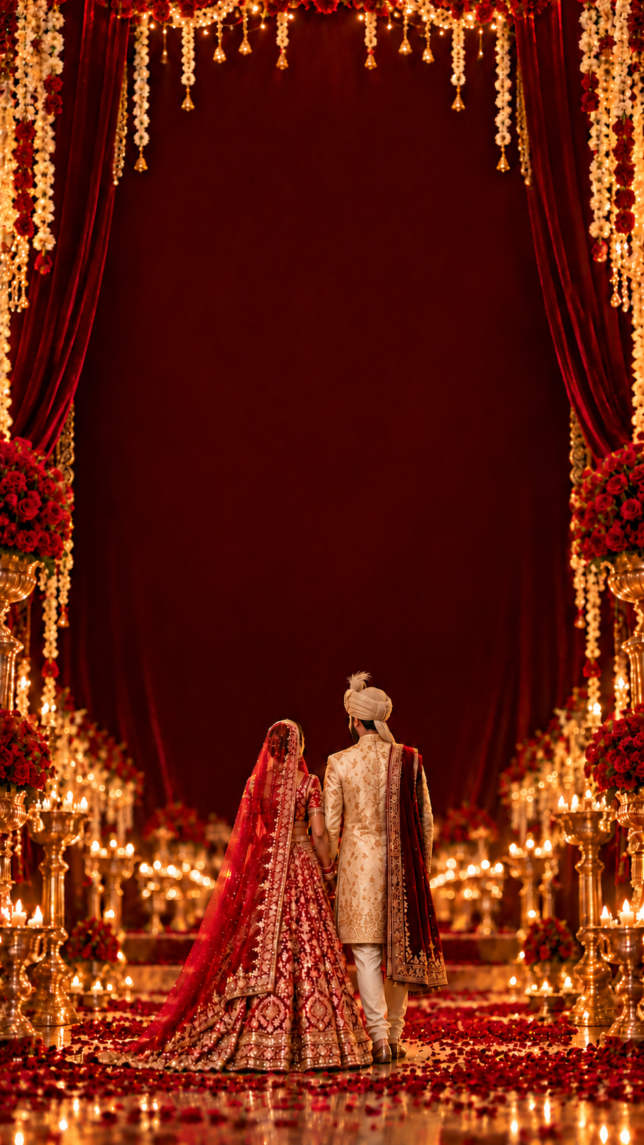 Bride in red and groom in beige sherwani and kullah with maroon shawl, beneath a burgundy and gold wedding stage